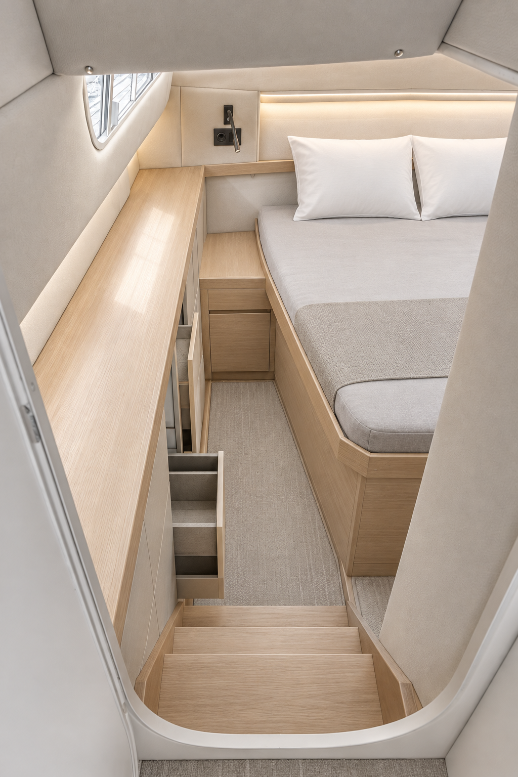 Cabine de bateau moderne vue depuis l’escalier, rangements ouverts