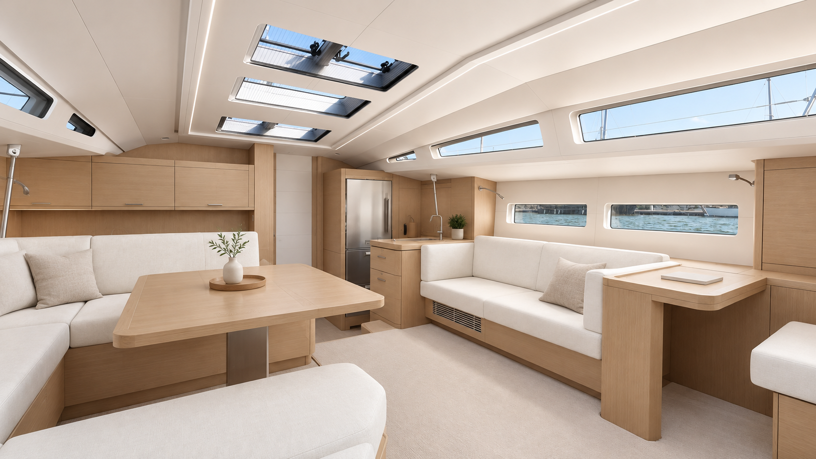 Carré lumineux d’un voilier moderne avec boiseries claires et banquettes blanches