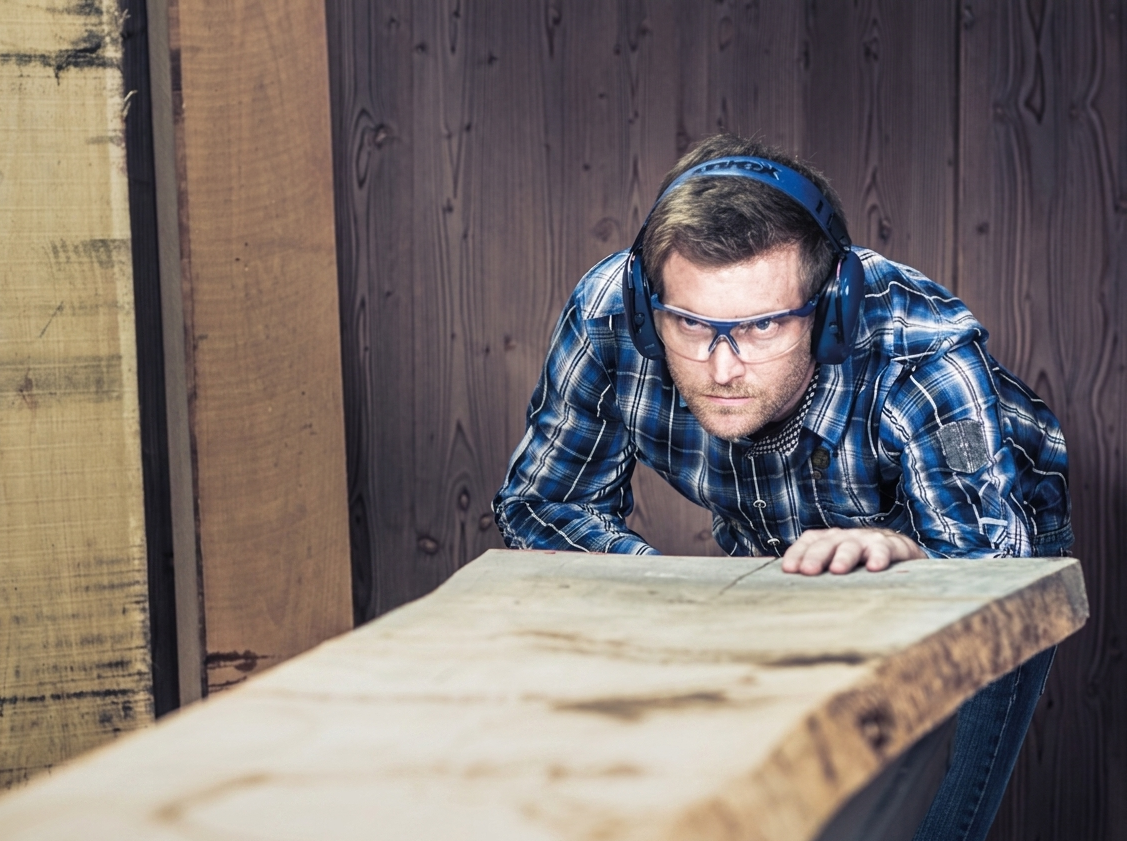Artisan inspectant une planche de bois brut